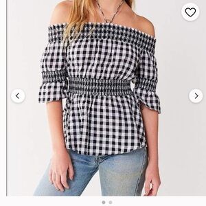 Urban Outfitters Black and White Gingham Off-the-Shoulder Smocked Top